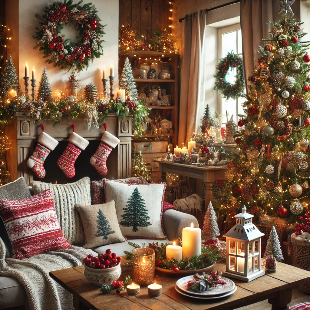 DALL·E 2024-11-12 10.50.42 - A beautifully decorated Christmas home interior filled with festive decorations. The room features a decorated Christmas tree with ornaments, tinsel,