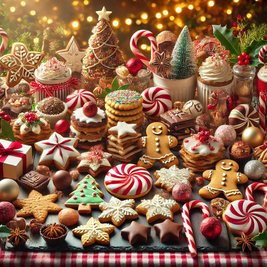 DALL·E 2024-11-12 11.10.40 - A festive display of Christmas sweets on a holiday-themed table. The arrangement includes a variety of classic holiday treats_ beautifully decorated s