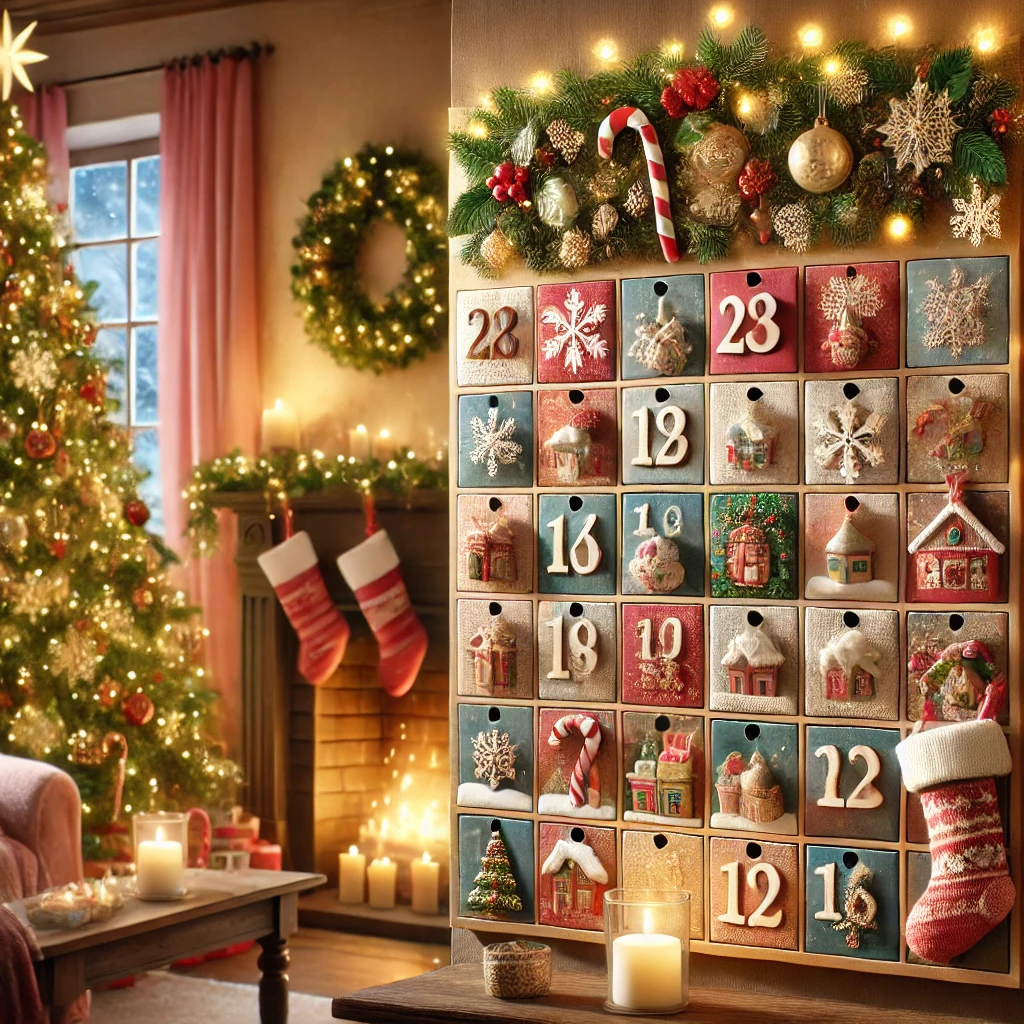 DALL·E 2024-11-12 11.27.29 - A charming Christmas advent calendar with 24 numbered compartments, each decorated with festive designs such as holly, snowflakes, and candy canes. Th