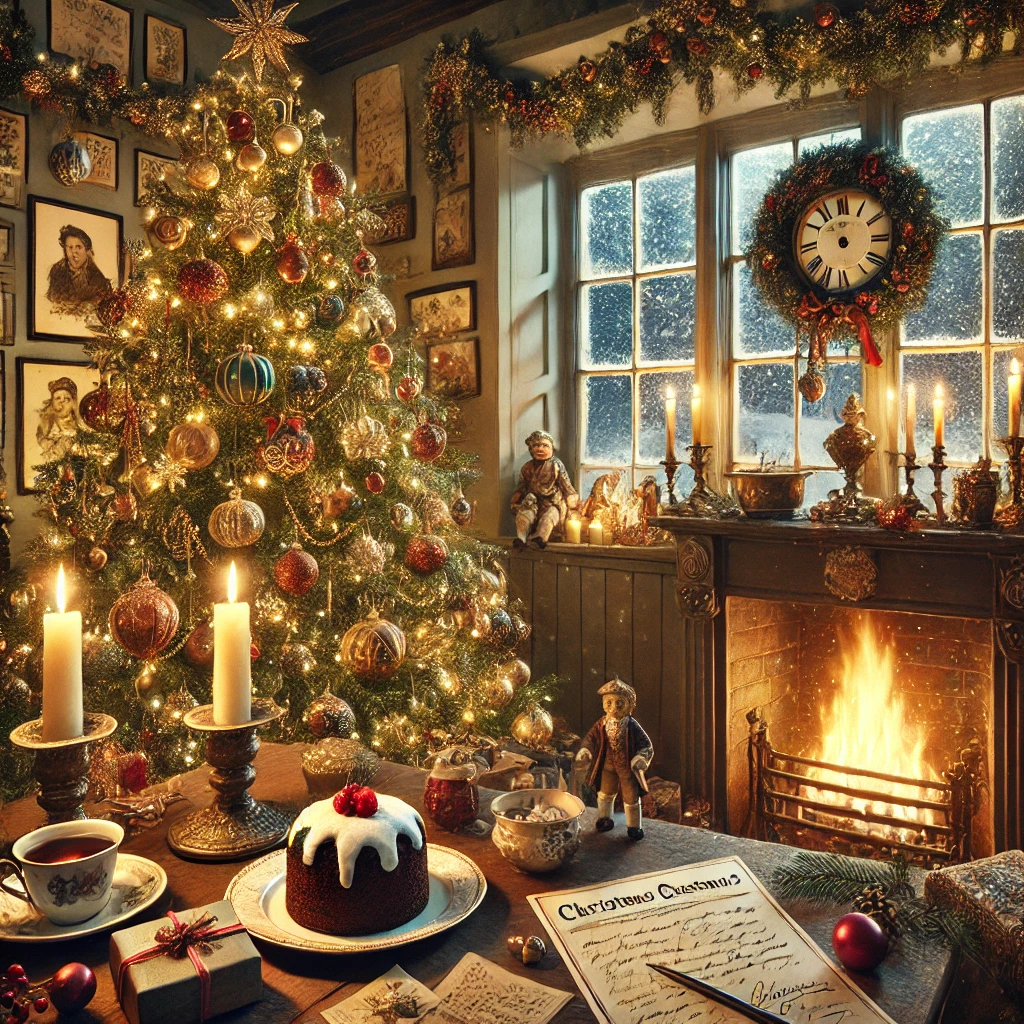 DALL·E 2024-11-12 11.32.21 - A festive Christmas scene blending historical and modern traditions. The image includes a beautifully decorated Christmas tree with vintage-style orna