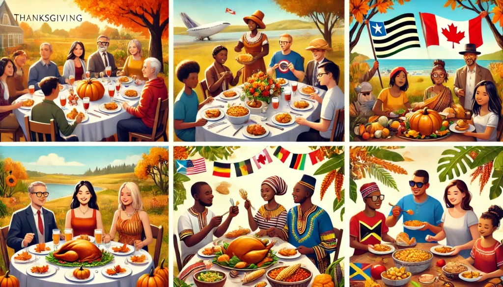 DALL·E 2024-11-27 08.49.52 - A multicultural Thanksgiving scene representing different countries. The image shows a Canadian family celebrating Thanksgiving with a traditional mea
