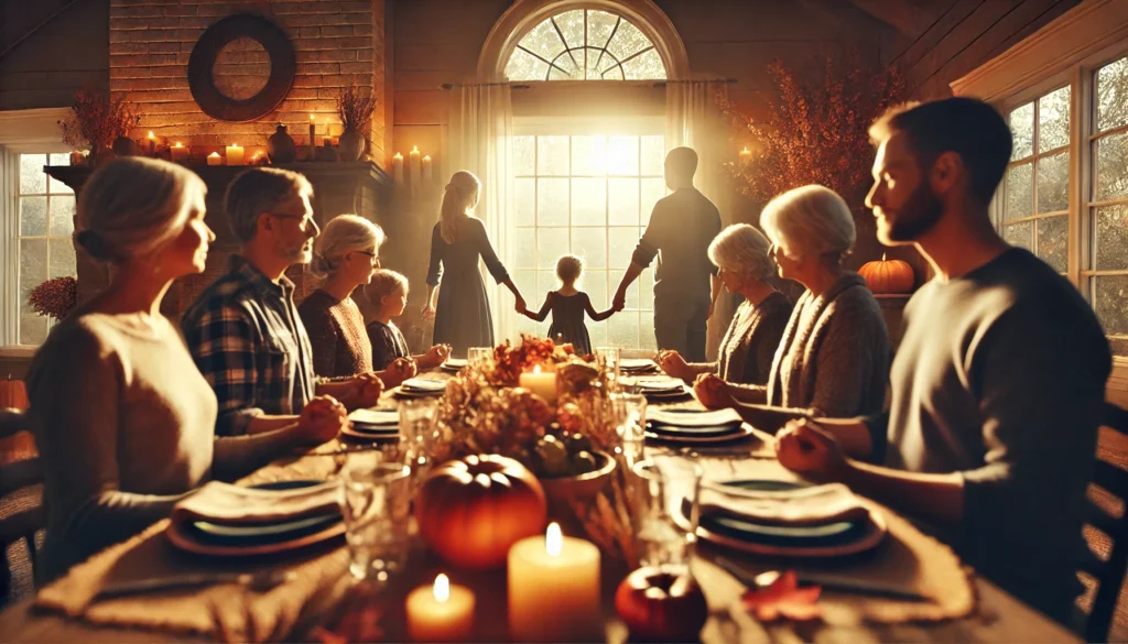 DALL·E 2024-11-27 08.54.47 - A serene Thanksgiving scene reflecting the meaning of gratitude and family. The image features a peaceful gathering with a family sitting around a din