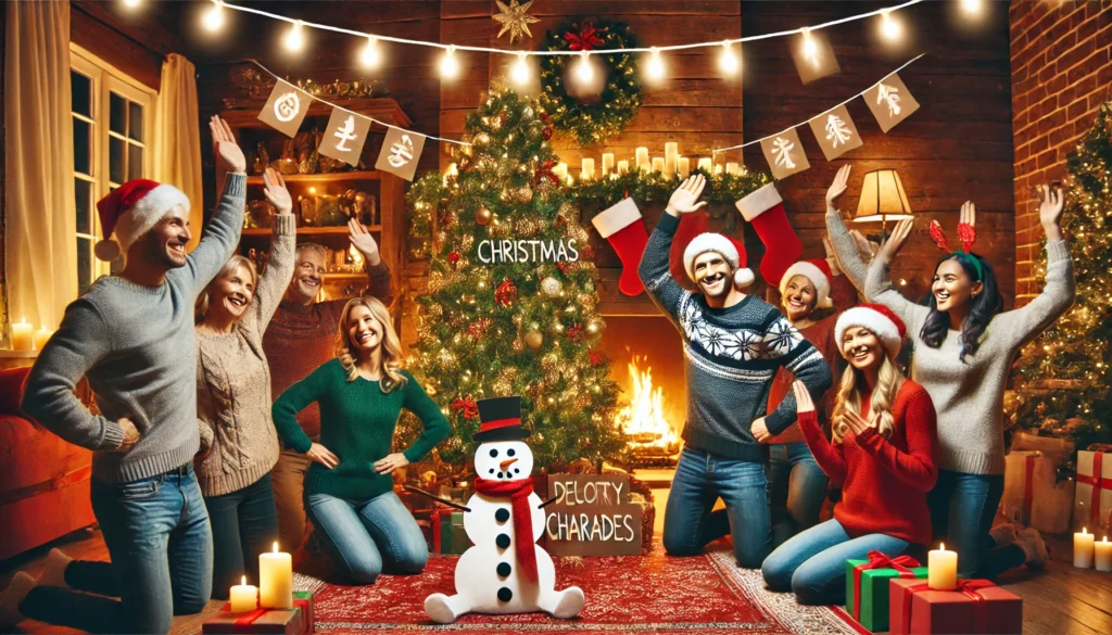 DALL·E 2024-11-28 10.25.31 - A festive Christmas Charades game scene. The image shows a group of people acting out Christmas-themed words or phrases, such as decorating a tree or