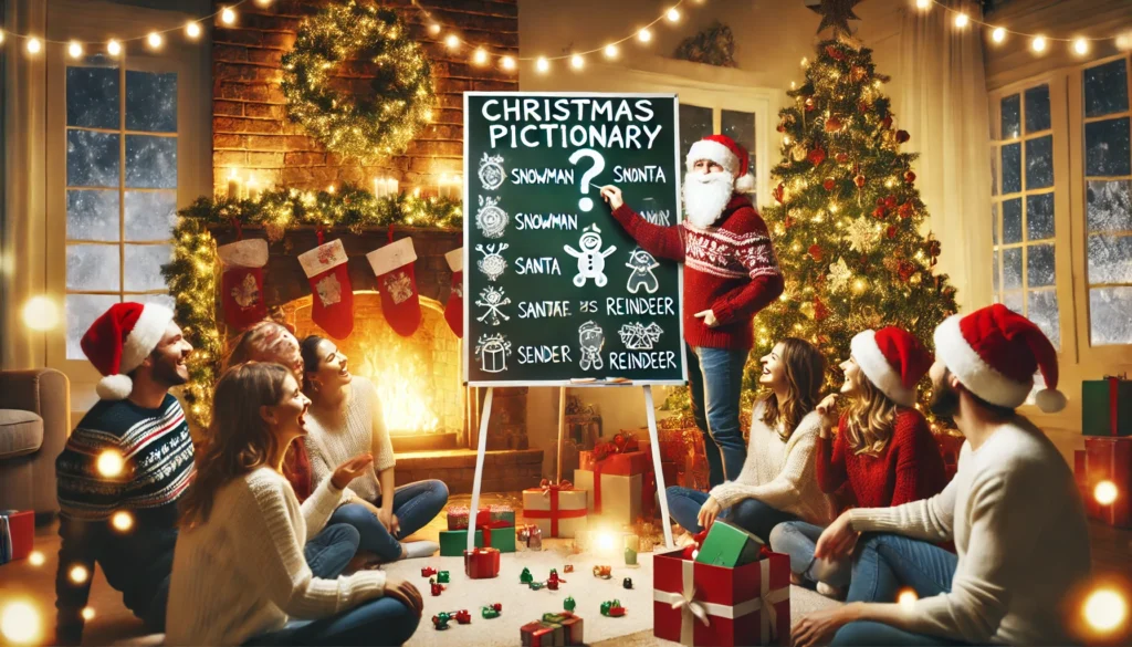 DALL·E 2024-11-28 10.50.47 - A festive Christmas Pictionary game scene. The image shows a group of people playing Christmas Pictionary, with one person drawing holiday-themed word