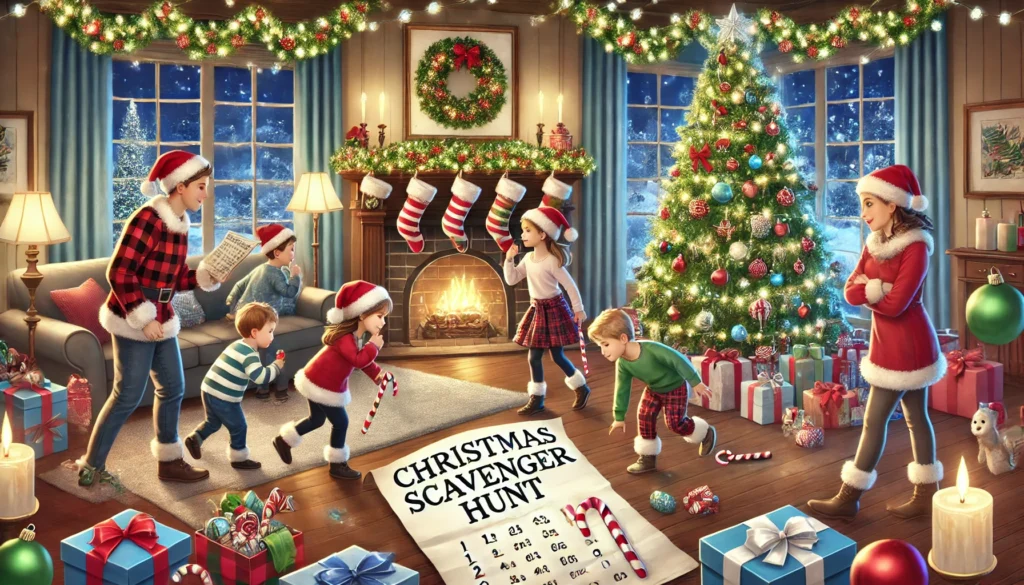 DALL·E 2024-11-28 10.57.52 - A fun and festive Christmas scavenger hunt scene. The image shows a family playing a Christmas scavenger hunt, with children eagerly searching for hid