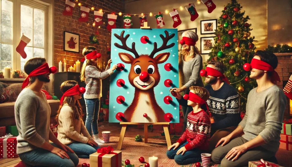 DALL·E 2024-11-28 11.17.04 - A festive Christmas game of 'Pin the Nose on Rudolph.' The scene shows a family gathering, with children and adults blindfolded, trying to pin a red n