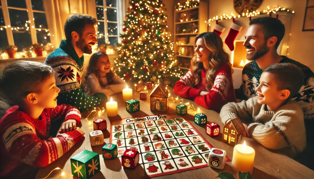 DALL·E 2024-11-28 11.26.28 - A cozy Christmas setting featuring a family playing a game of 'Christmas Story Dice.' The image shows a table with holiday-themed dice rolled, display