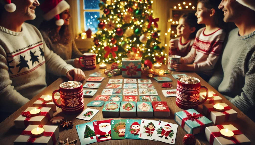 DALL·E 2024-11-28 11.36.16 - A festive scene featuring holiday-themed card games. The image includes a cozy setting with a Christmas tree, twinkling lights, and holiday decoration