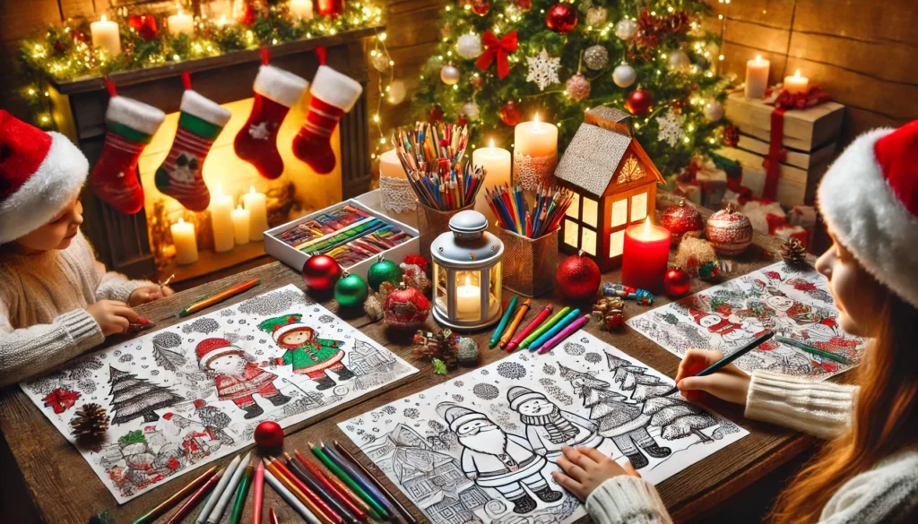 DALL·E 2024-11-28 11.50.55 - A cozy Christmas coloring contest scene featuring a table filled with holiday-themed coloring pages, crayons, and markers. The table has completed Chr