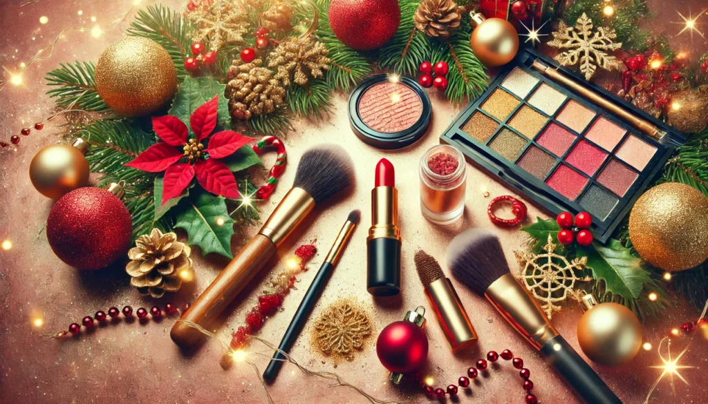 DALL·E 2024-12-06 15.08.54 - A headboard image for 'The Classic Christmas Glam Look'. Include elements such as classic red lipstick, shimmering golden eyeshadow, makeup brushes, a