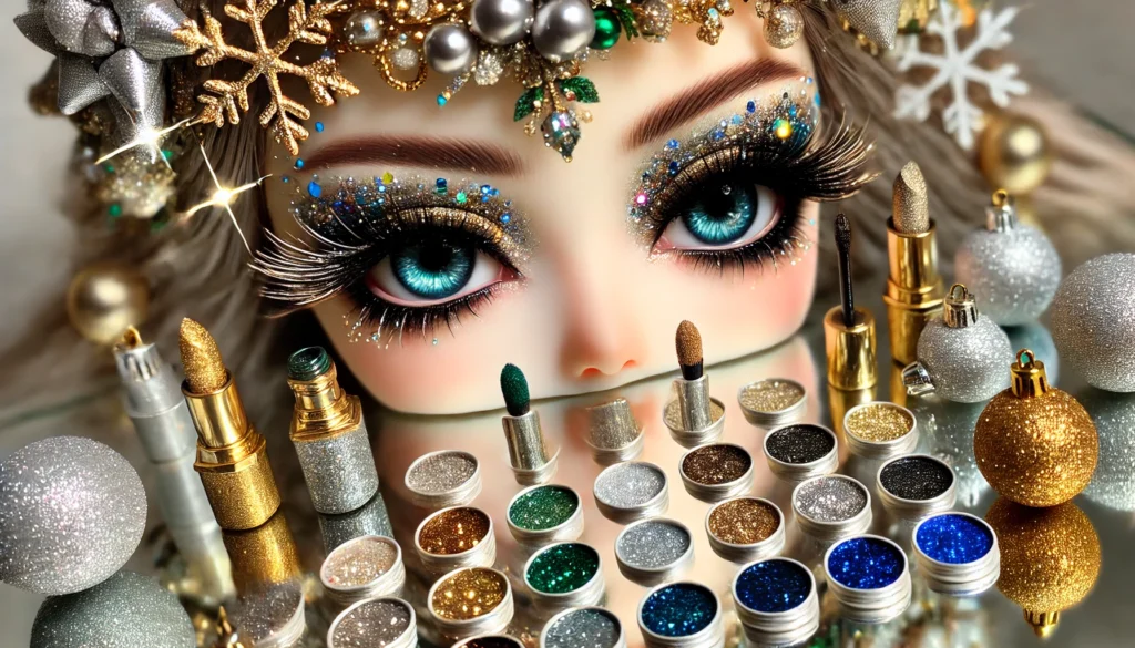 DALL·E 2024-12-06 15.18.53 - A headboard image for 'Glitzy and Festive Eyes' featuring doll models with glamorous holiday makeup. Include sparkling eyeshadows in shades of gold, s