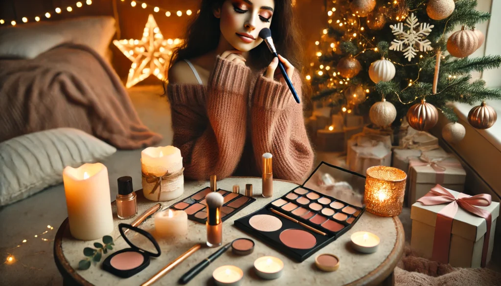DALL·E 2024-12-06 19.12.08 - A cozy and festive scene of someone putting on makeup for 'Soft Glam for Cozy Celebrations'. The person is sitting near a softly glowing Christmas tre