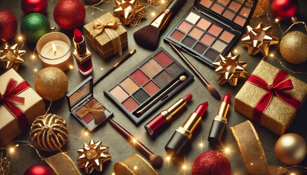 DALL·E 2024-12-06 19.29.08 - A luxurious festive image showcasing premium makeup items like lipsticks, eyeshadow palettes, and brushes arranged elegantly with Christmas-themed ele