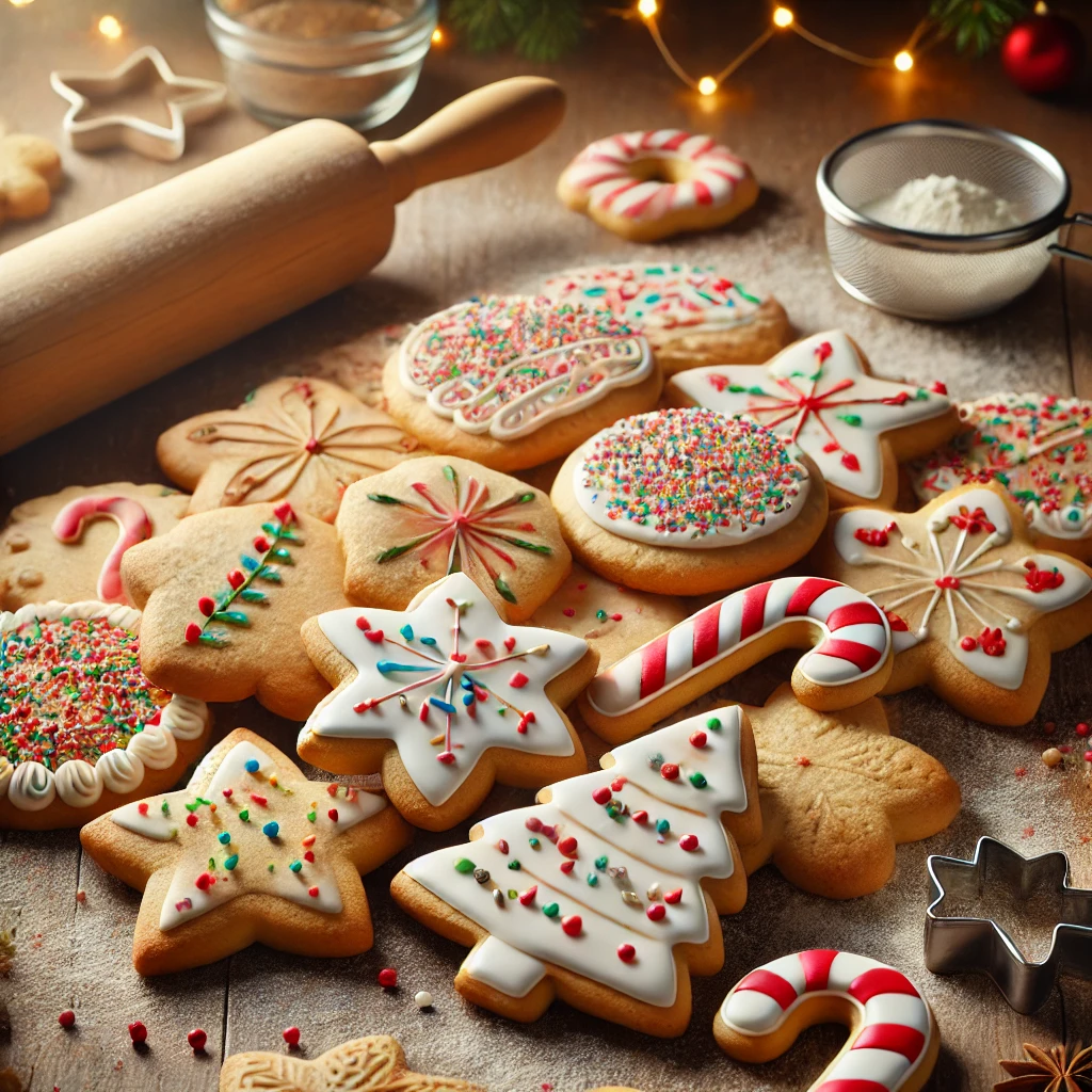 DALL·E 2024-12-07 16.52.30 - A close-up of freshly baked classic sugar cookies decorated with festive icing, sprinkles, and holiday-themed shapes like stars, Christmas trees, and
