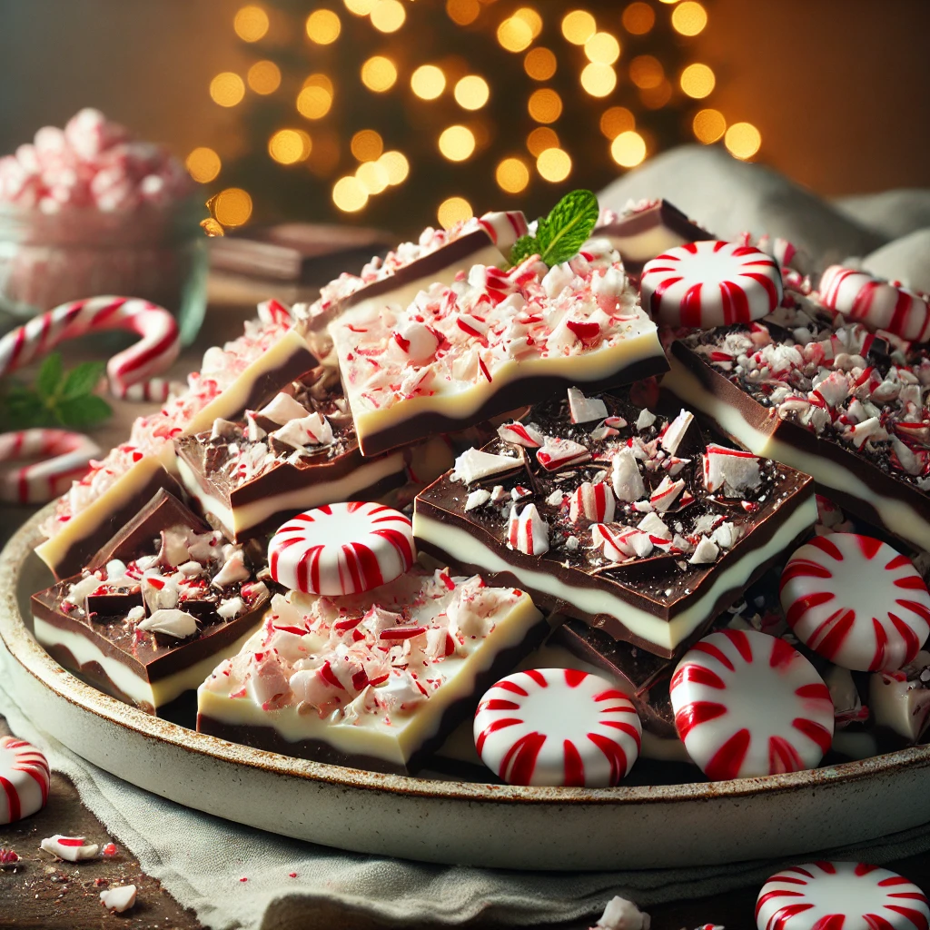 DALL·E 2024-12-07 17.04.51 - A close-up of a platter filled with homemade peppermint bark. The bark should be layered with dark chocolate and white chocolate, topped with crushed
