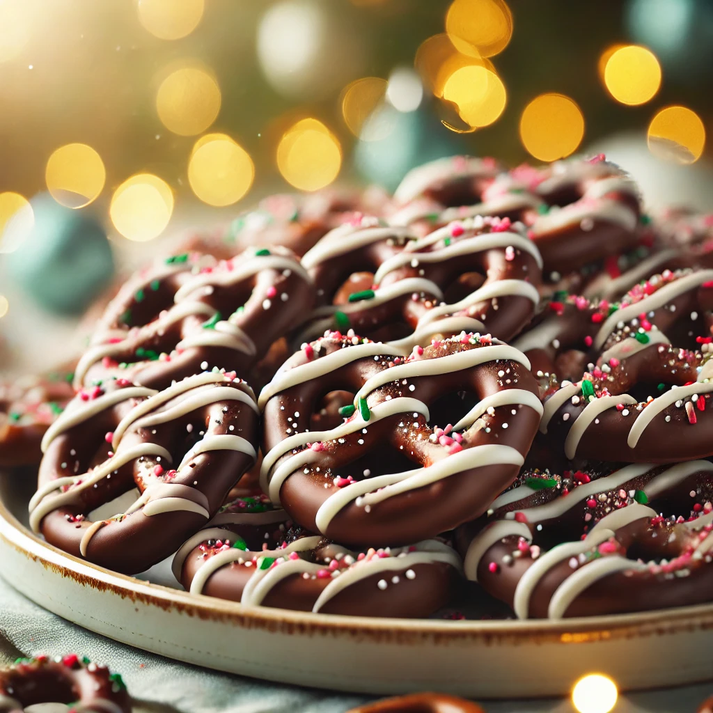 DALL·E 2024-12-07 17.12.28 - A close-up of chocolate-covered pretzels drizzled with white chocolate and topped with festive sprinkles. The pretzels should be placed on a platter,