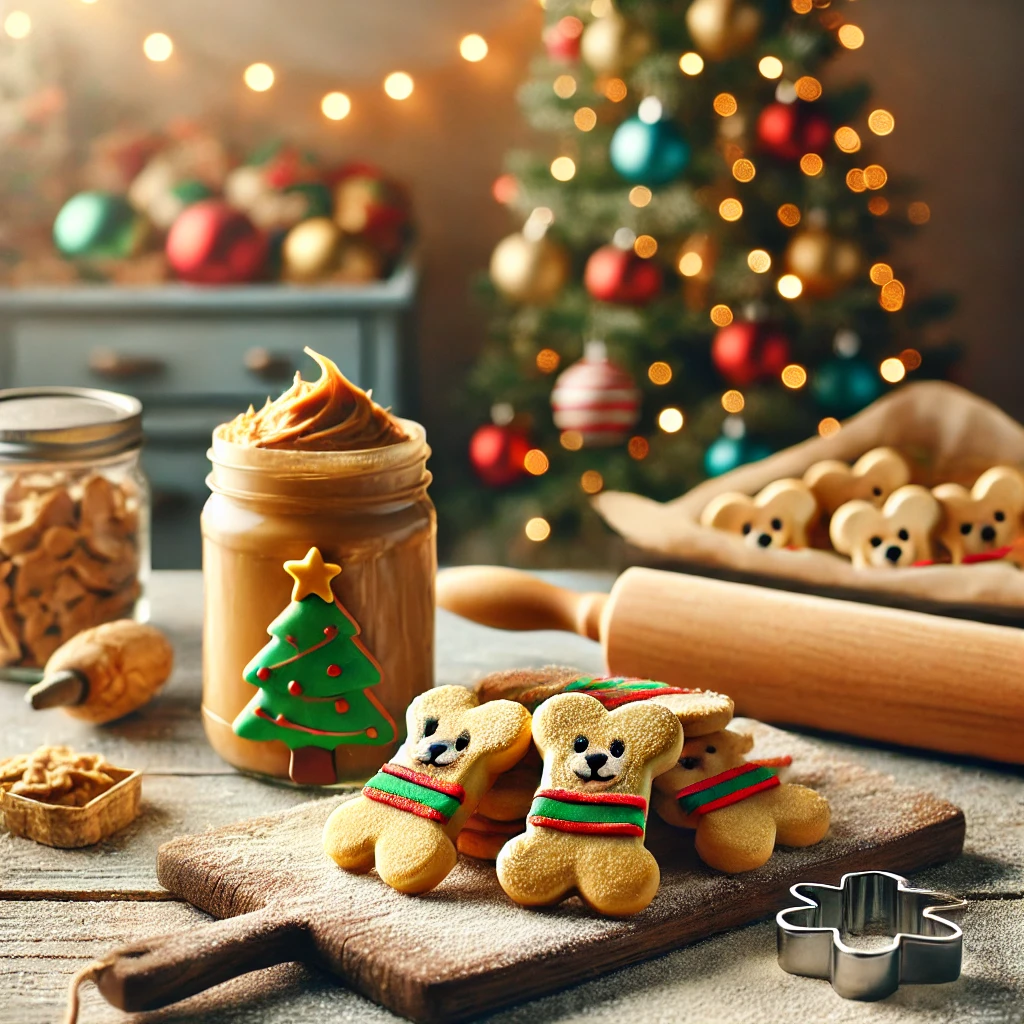 DALL·E 2024-12-12 11.12.13 - A cozy holiday kitchen scene featuring freshly baked peanut butter and banana dog biscuits. The biscuits should be shaped like dog bones and decorated