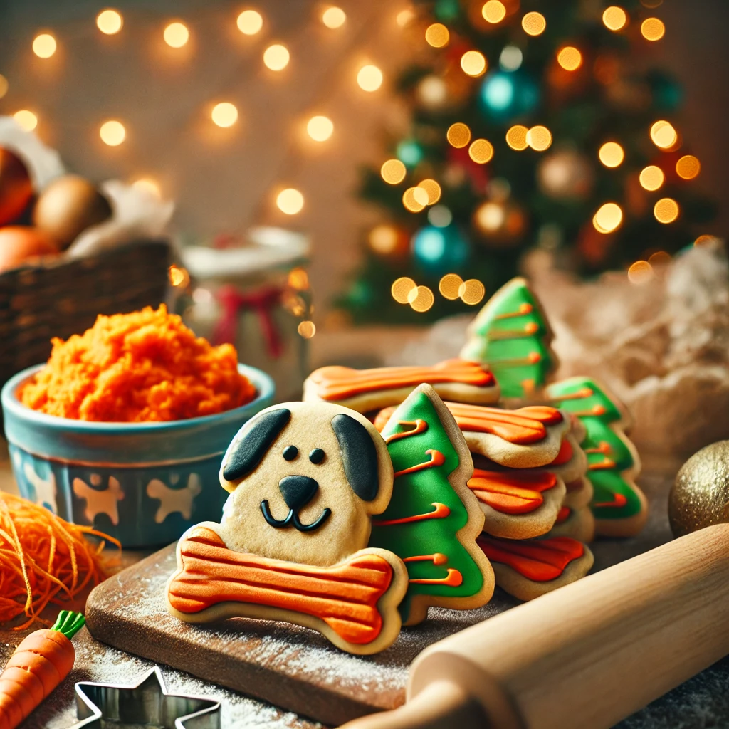 DALL·E 2024-12-12 15.12.43 - A festive holiday kitchen scene featuring freshly baked carrot and sweet potato dog cookies. The cookies should be shaped like bones and decorated wit