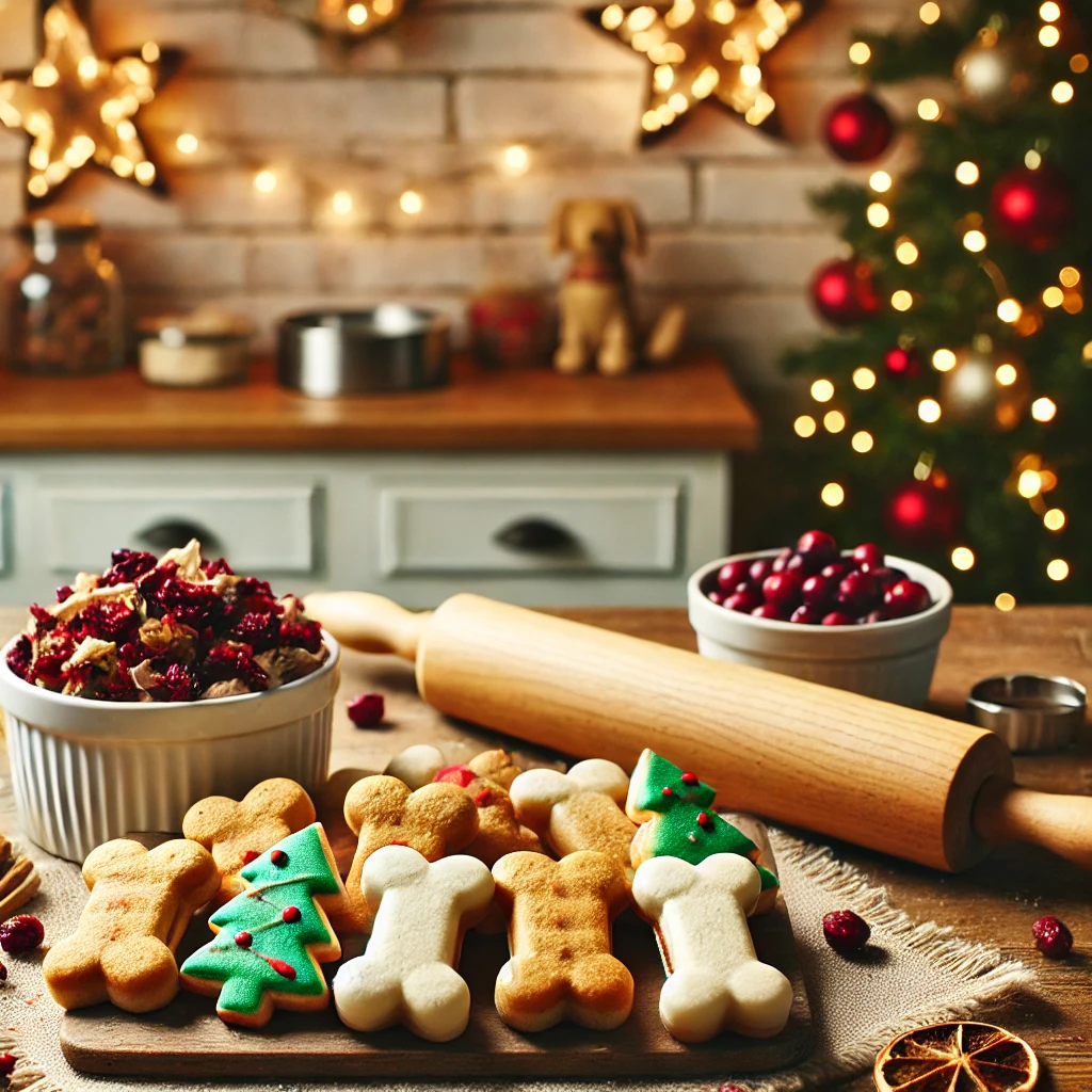 DALL·E 2024-12-12 15.18.57 - A cozy holiday kitchen scene featuring freshly baked turkey and cranberry dog treats. The treats should be shaped like dog bones and decorated with re