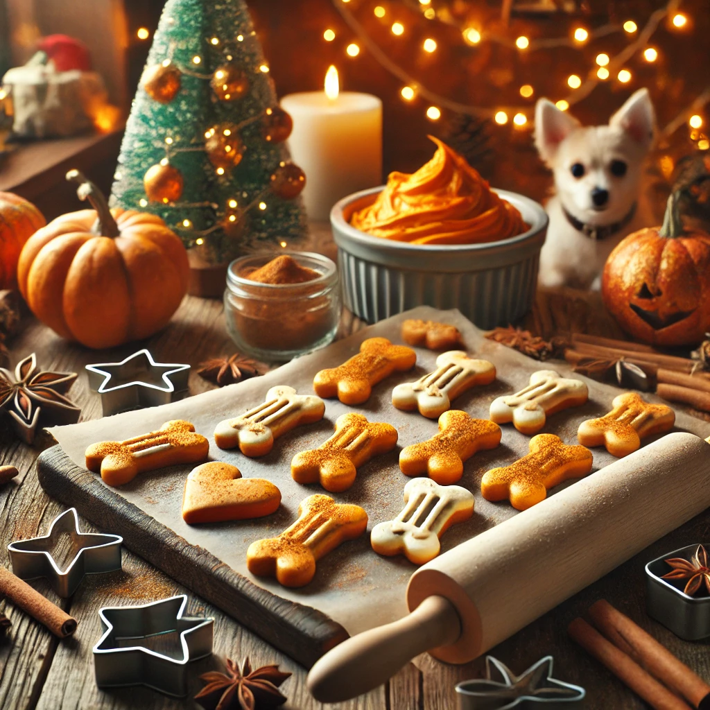 DALL·E 2024-12-12 15.22.14 - A festive holiday kitchen scene featuring freshly baked pumpkin spice dog treats. The treats should be shaped like bones and decorated with orange ici