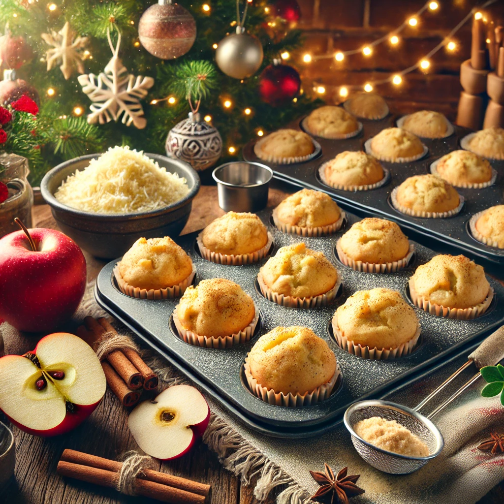DALL·E 2024-12-12 15.26.42 - A festive kitchen scene with freshly baked apple cinnamon dog muffins. The muffins should have a soft texture, with some broken open to show the fluff