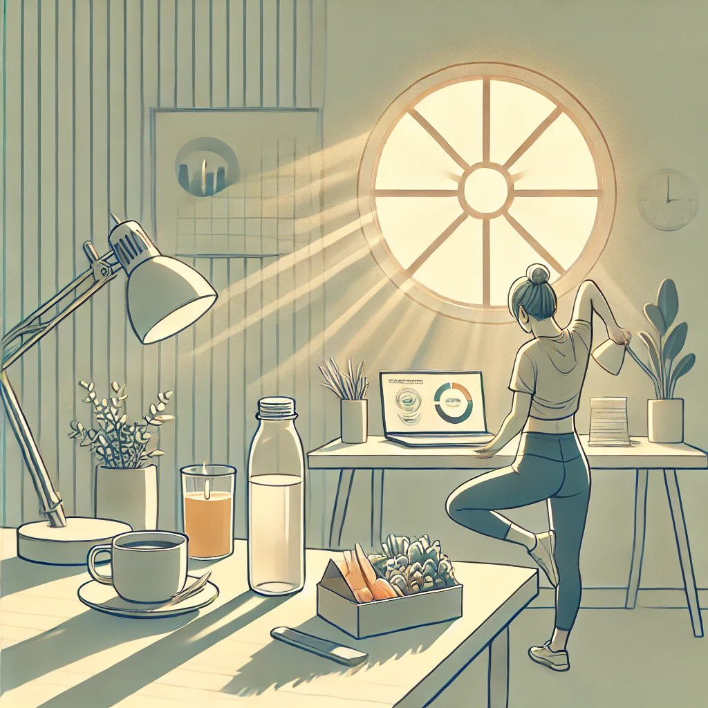DALL·E 2025-01-13 16.07.35 - An artistic and modern illustration representing a midday self-care routine focused on productivity and balance. The image features a person taking a