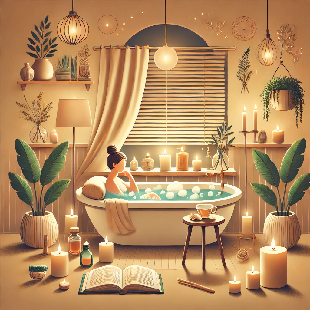 DALL·E 2025-01-13 16.10.37 - A serene and visually soothing illustration representing an evening routine focused on unwinding and recharging. The scene features a cozy setup with