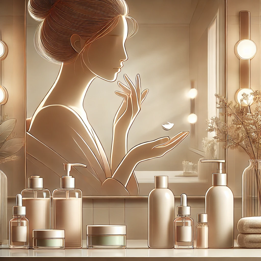 DALL·E 2025-01-13 16.14.38 - A visually appealing and modern illustration representing a skincare routine. The image features a person gently applying moisturizer in front of a mi