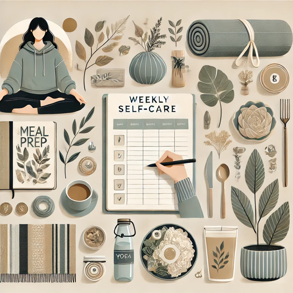 DALL·E 2025-01-13 16.20.35 - A modern and serene illustration representing weekly self-care tips. The image features elements such as a person journaling, a cup of tea, plants, an