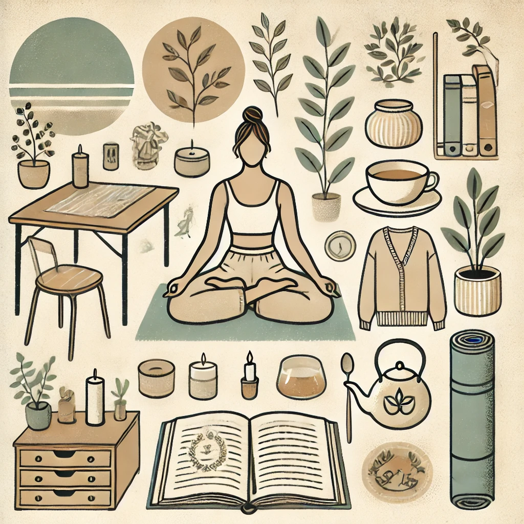 DALL·E 2025-01-13 16.20.37 - A serene and visually inviting illustration representing key self-care practices that can be incorporated anytime. The image features elements such as