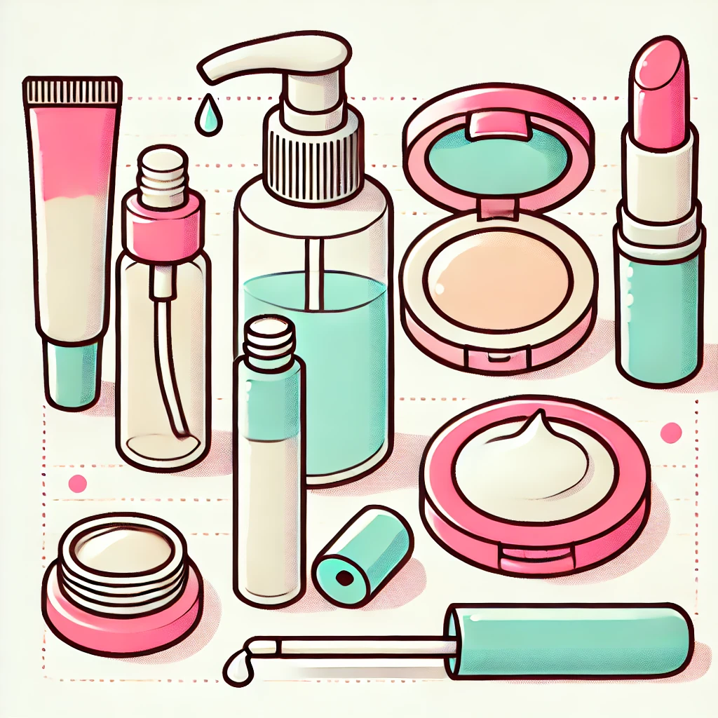 DALL·E 2025-01-24 09.00.28 - A cartoon-style flat-lay featuring essential skincare products like a bottle of hydrating serum, a lightweight foundation, and a lip balm. The items a