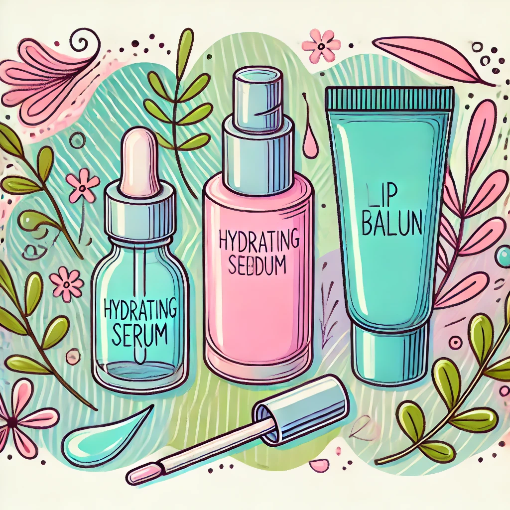DALL·E 2025-01-24 09.00.31 - A vibrant cartoon-style illustration featuring essential skincare products such as a bottle of hydrating serum, a lightweight foundation, and a lip ba