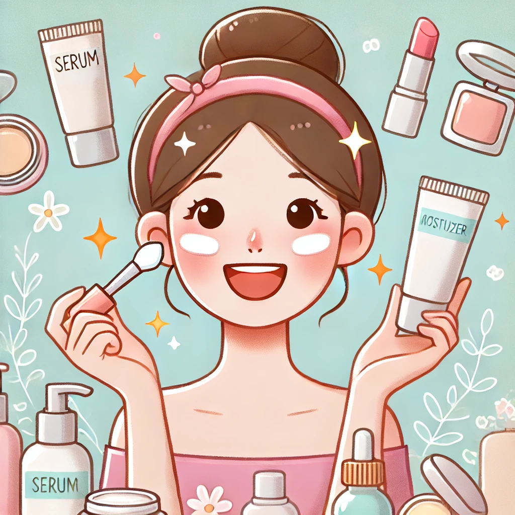 DALL·E 2025-01-24 09.00.34 - A cartoon-style illustration of a cheerful person with glowing skin, applying skincare products like serum and moisturizer. The person is surrounded b