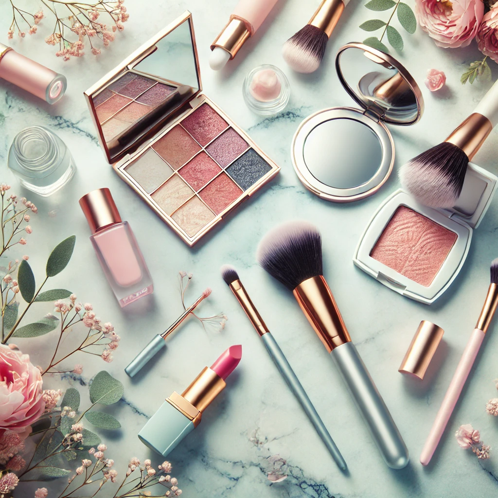 DALL·E 2025-01-24 09.51.31 - A vibrant and elegant header image for an article about makeup, beauty tools, and self-care. The image features a flat-lay arrangement of makeup brush