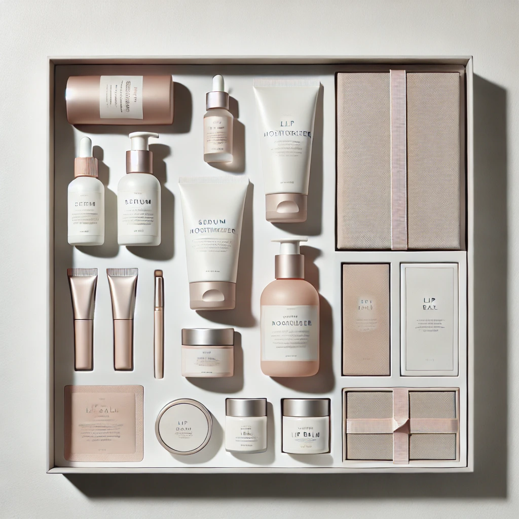 DALL·E 2025-01-24 09.51.38 - A minimalist flat-lay image of beauty gift sets, featuring sleek packaging with subtle designs. The sets include essential skincare items like a serum