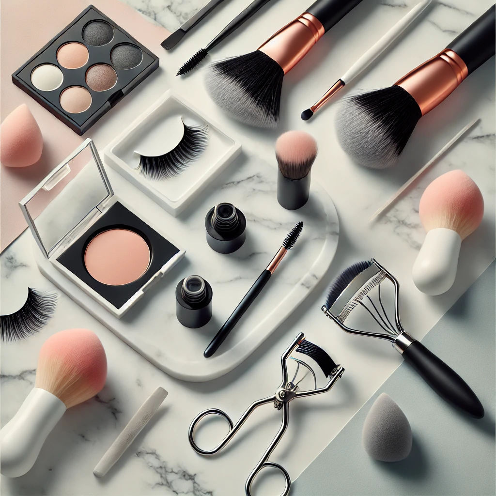 DALL·E 2025-01-24 09.51.40 - A sleek and modern flat-lay image featuring beauty tools and accessories. The layout includes makeup brushes, blending sponges, tweezers, a compact mi