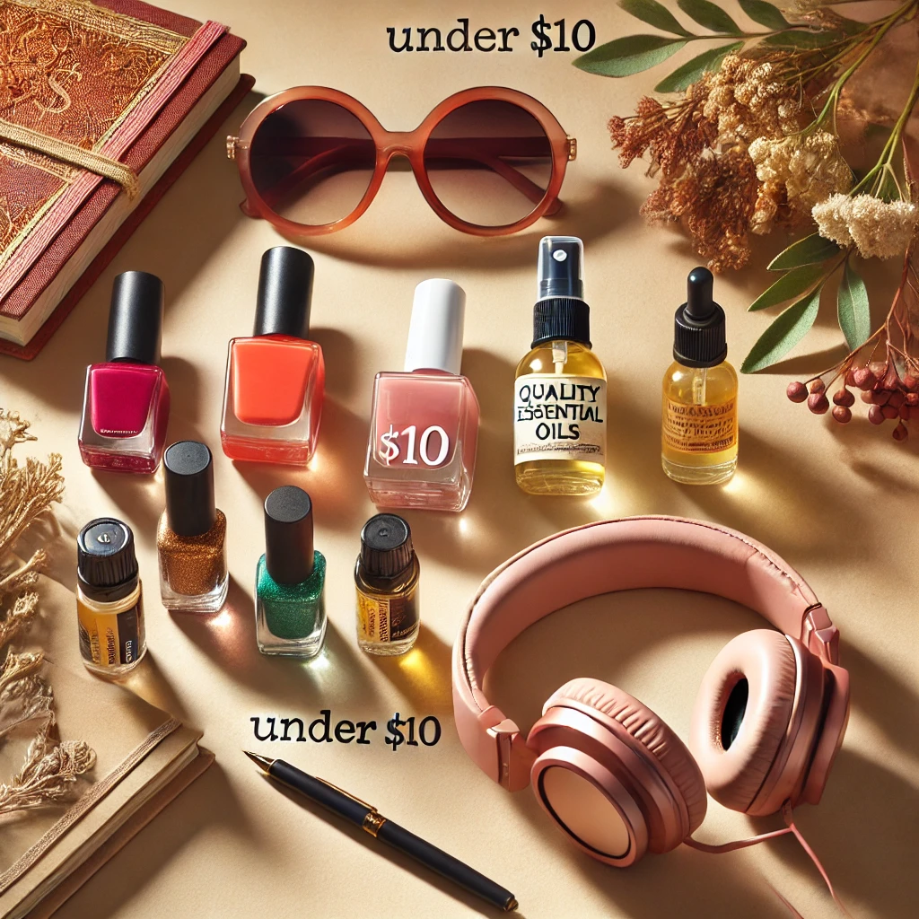 DALL·E 2025-01-25 19.47.05 - A collection of gift items under $10_ vibrant nail polishes, stylish sunglasses, quality headphones, and a spray bottle of essential oils. The items a