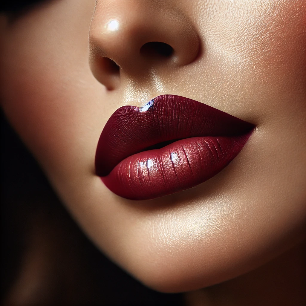 DALL·E 2025-01-29 08.43.37 - A close-up of a woman's lips wearing bold and elegant lipstick. The lipstick color is a deep burgundy with a satin finish, giving a sophisticated and