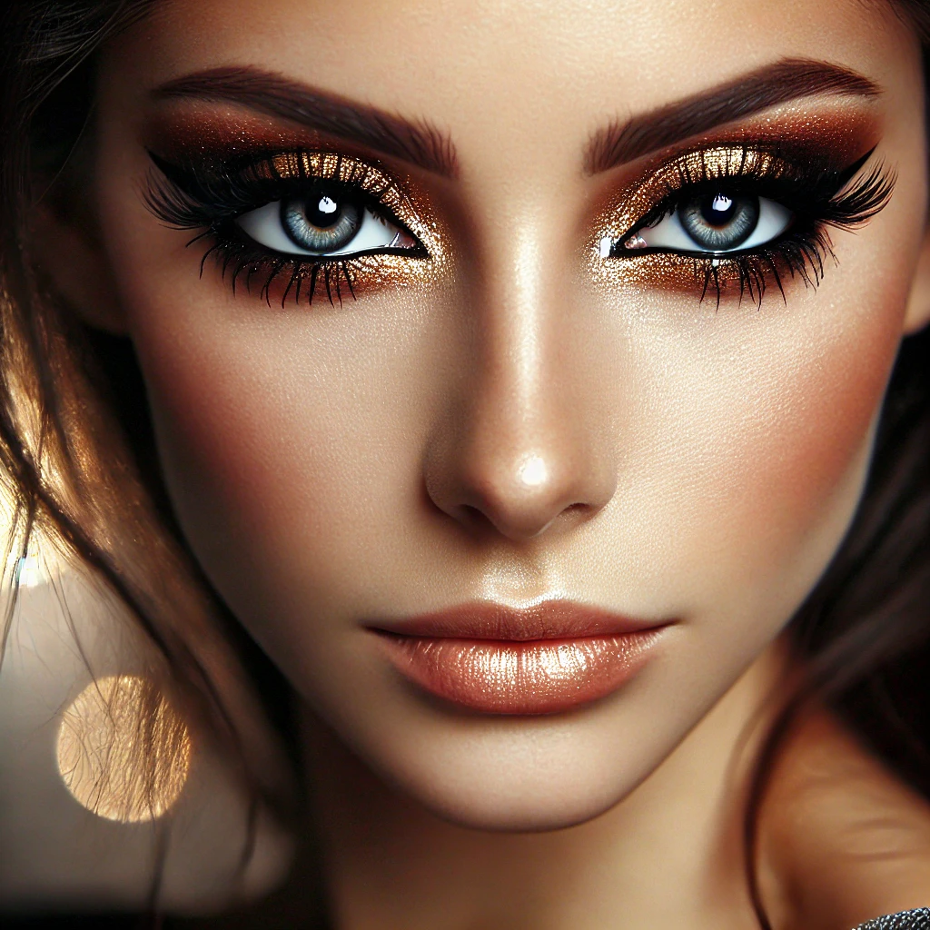 DALL·E 2025-01-29 08.47.57 - A close-up of a woman's eyes with striking and impactful makeup. Her eyes are adorned with metallic eyeshadow in gold and bronze tones, creating a sop