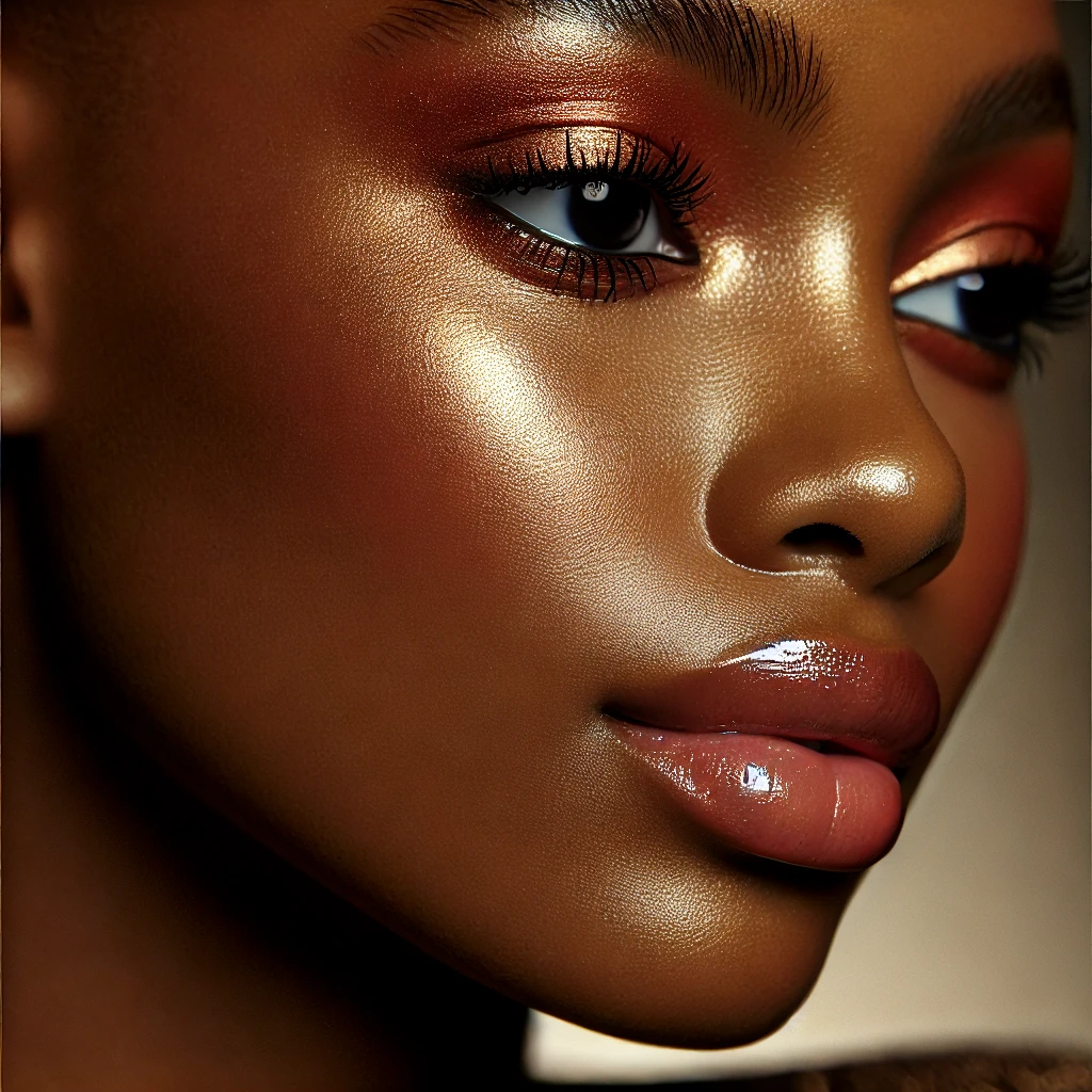 DALL·E 2025-01-29 08.51.22 - A close-up of a woman with a rich, warm brown complexion, featuring elegant touches of shine in her makeup. Her skin glows with a radiant highlighter