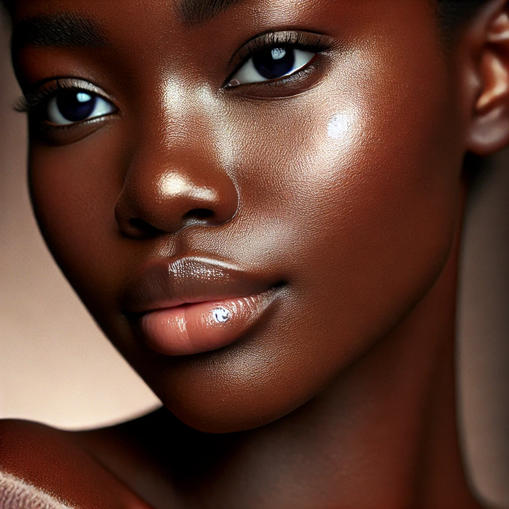 DALL·E 2025-01-29 08.54.58 - A close-up portrait of a woman with a deep, dark complexion, showcasing radiant and natural skin. Her complexion is glowing, smooth, and hydrated, wit