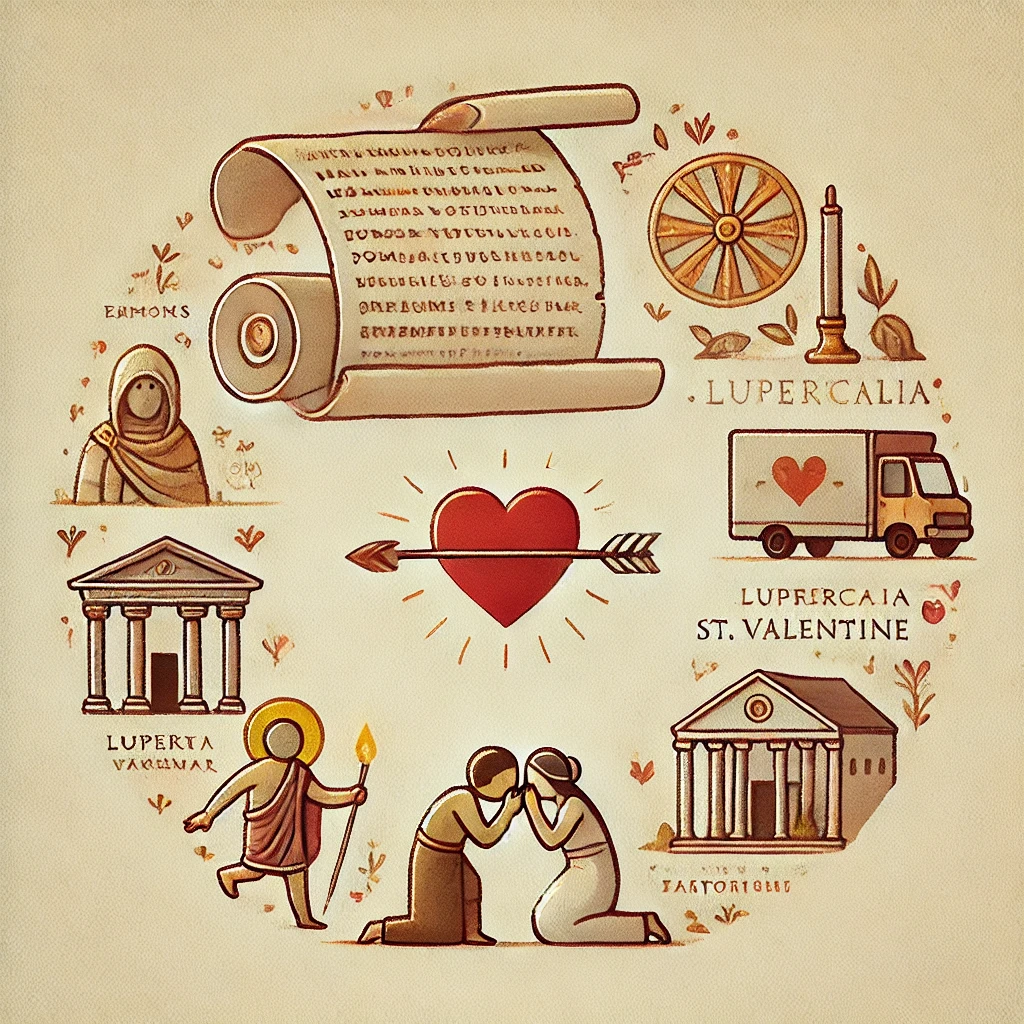 DALL·E 2025-02-03 08.38.38 - A small, symbolic illustration representing the origins of Valentine's Day. The image includes elements from ancient Rome, such as a Roman emperor's s