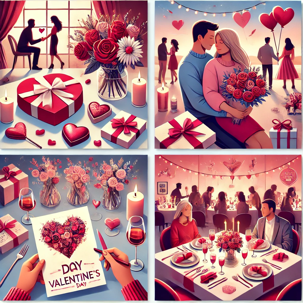 DALL·E 2025-02-03 08.42.06 - A modern and vibrant Valentine's Day scene showcasing contemporary celebrations and traditions. The image features couples exchanging gifts like heart