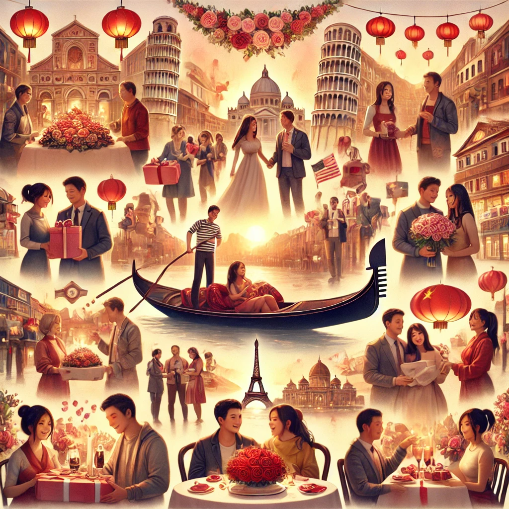 DALL·E 2025-02-03 08.43.37 - A beautiful and diverse Valentine's Day celebration around the world. The image depicts people from various countries exchanging gifts, such as chocol