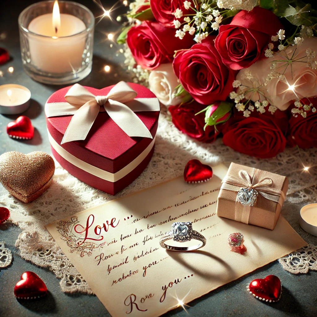 DALL·E 2025-02-03 08.44.54 - A romantic Valentine's Day scene showcasing popular gifts and their symbolic meanings. The image features a bouquet of red roses, a heart-shaped box o