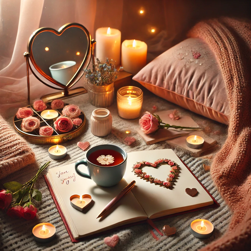 DALL·E 2025-02-03 08.45.50 - A serene and peaceful Valentine's Day scene celebrating self-love. The image features a person enjoying a quiet moment of relaxation with a cup of tea