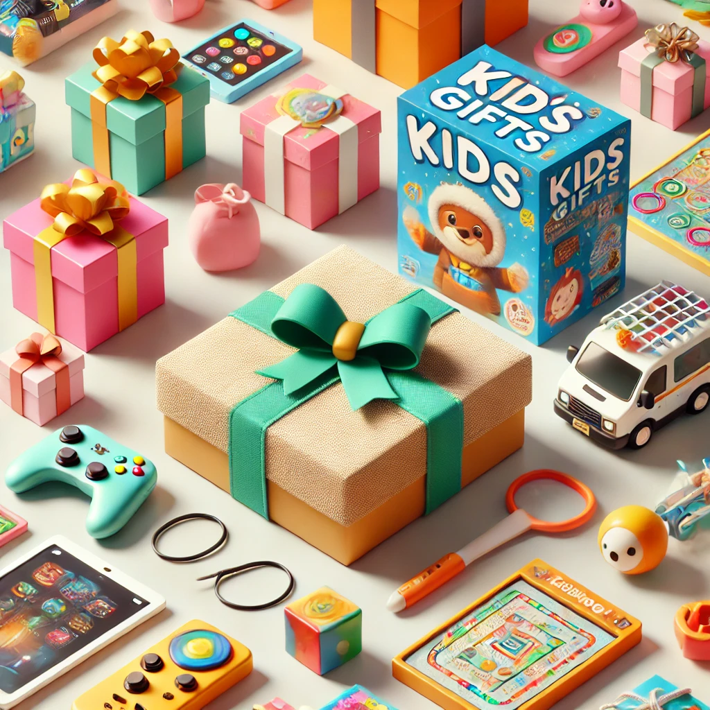 DALL·E 2025-03-04 10.08.02 - A small, engaging image featuring a selection of kids' gifts, including board games, books, and interactive gadgets. The scene should be bright and co