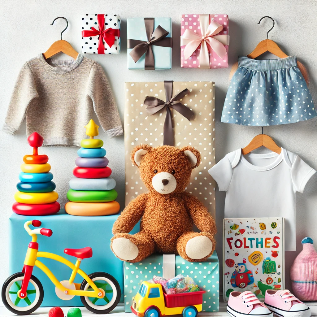 DALL·E 2025-03-04 10.28.35 - A bright and cheerful image of children's gifts, including toys, books, and clothes, arranged neatly with a colorful but simple design. The scene feat